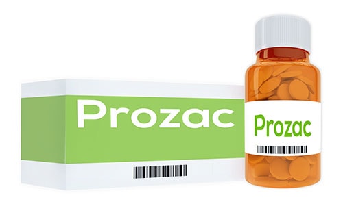 Pill bottled and box labeled "Prozac"