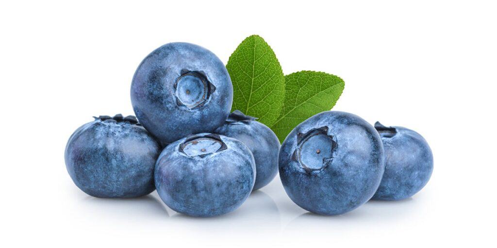 Fresh blueberries with green leaves on white background.