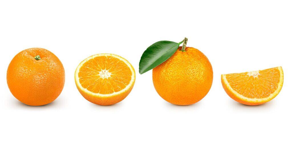 Healthy orange fruit with peel, half cut and slice for vitamins and eye health.