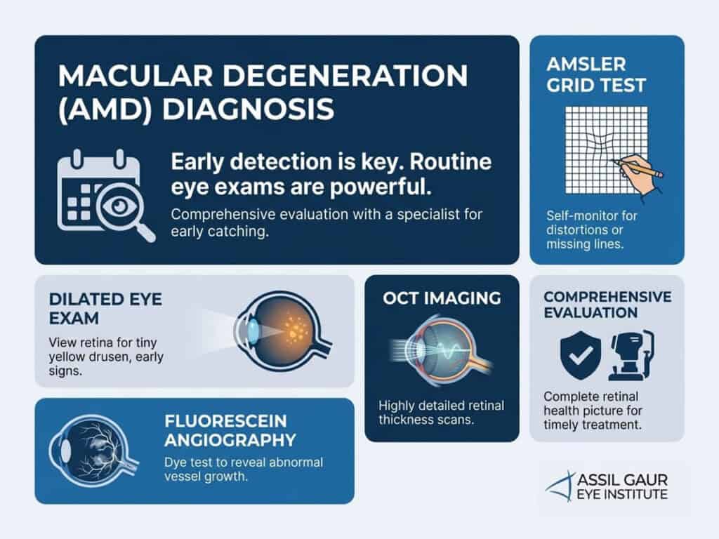 Eye examination methods for macular degeneration detection and assessment.