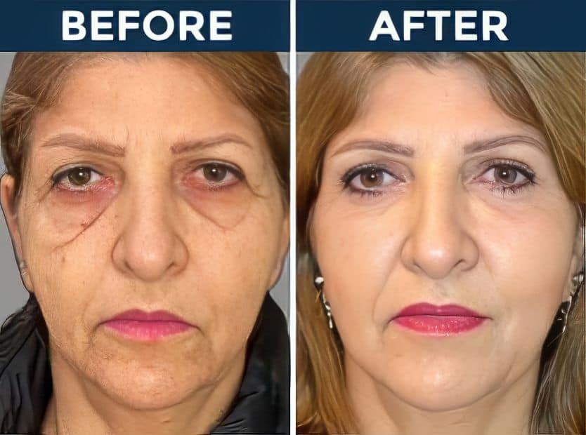 Before and after eyelid surgery results showing reduced puffiness and sagging.