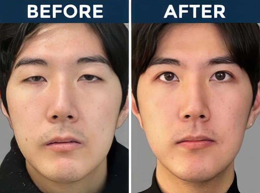 Male patient before and after eyelid surgery at Assil Gaur Eye Institute.