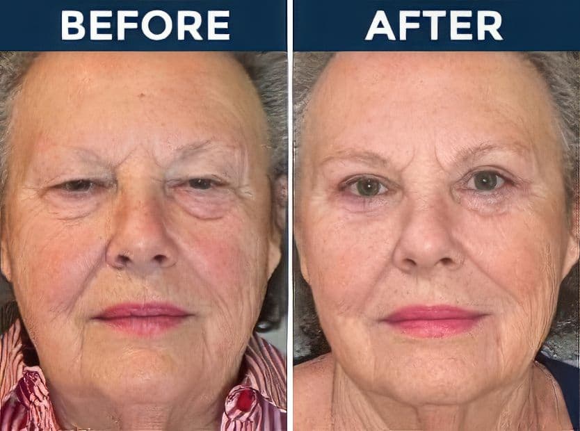 Elderly woman before and after eyelid surgery at Assil Gaur Eye Institute.