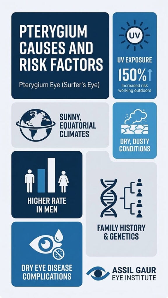 Infographic on pterygium causes including UV exposure and climate factors.