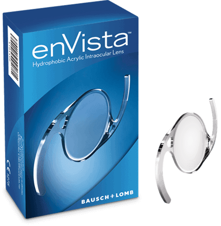 Image of enVista hydrophobic acrylic intraocular lens and packaging box from Bausch + Lomb.