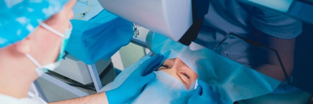 Ophthalmologist performing eye surgery at Assil Gaur Eye Institute.