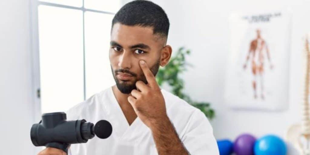 Young man with a serious expression touching his eye in a medical setting.