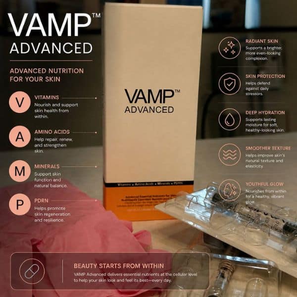 VAMP Advanced skincare supplement box with detailed benefits listed.