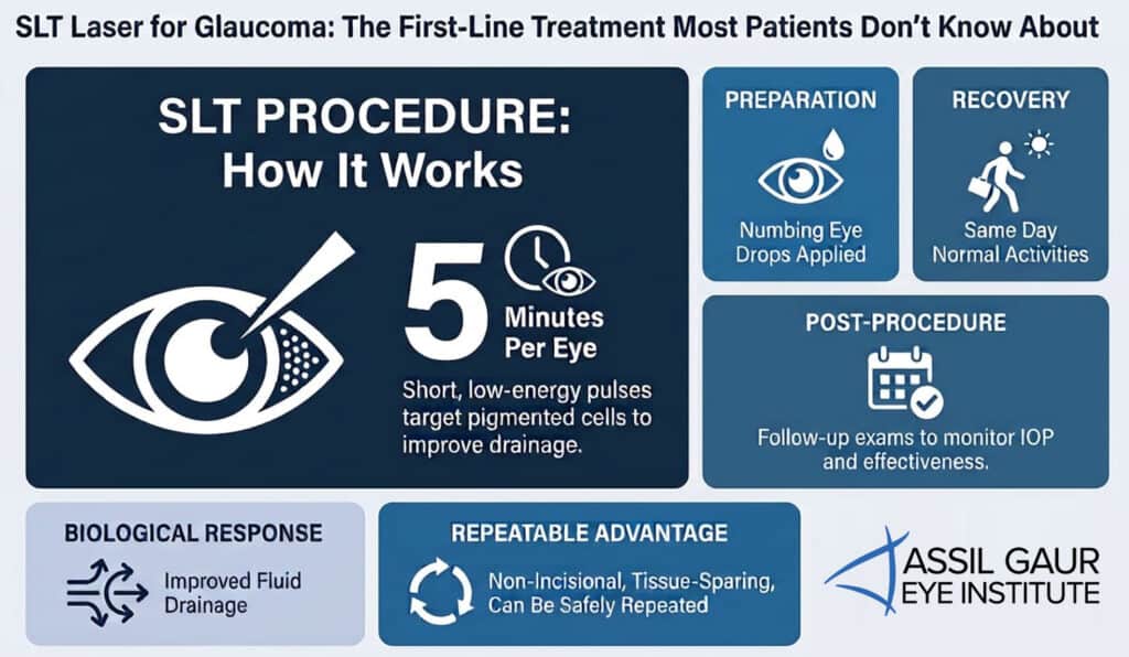 Diagram explaining SLT procedure for glaucoma with steps and benefits.