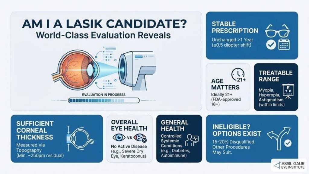 LASIK eye surgery evaluation with eye diagram and health icons.