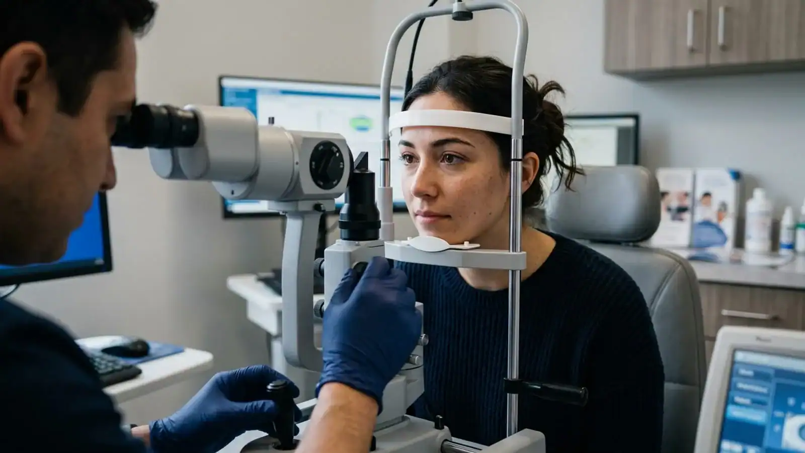 Optometrist performing eye exam with slit lamp at Assil Gaur Eye Institute.