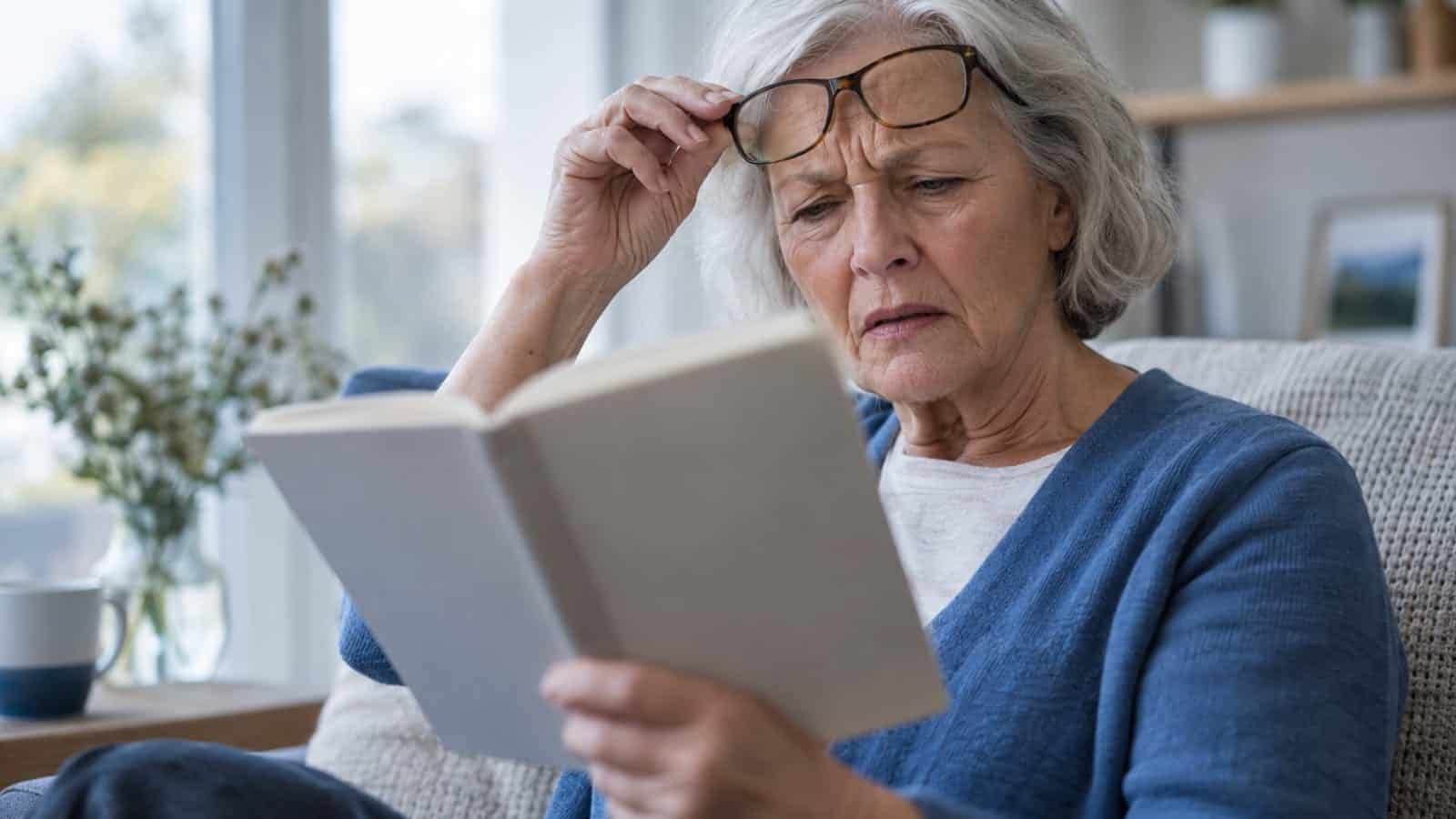 Elderly woman with glasses reading a book indoors.