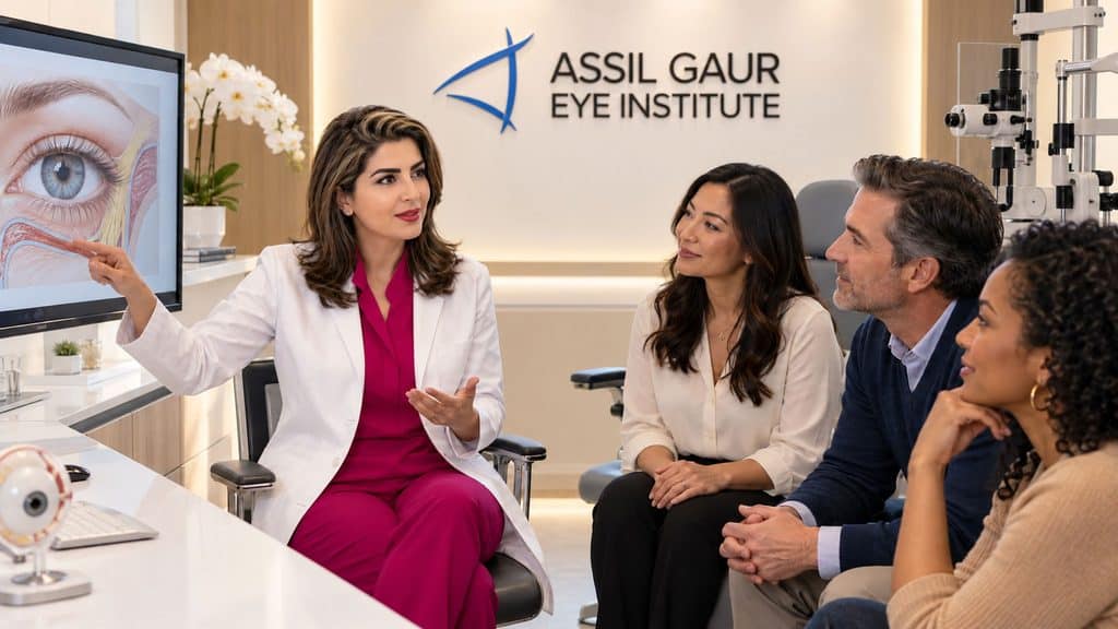 Oculoplastic surgeon explaining eye procedures to patients at Assil Gaur Eye Institute.