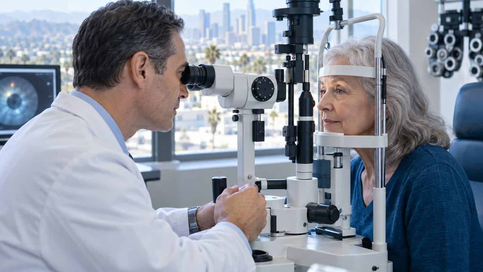 Optometrist performing eye exam on elderly woman at Assil Gaur Eye Institute.
