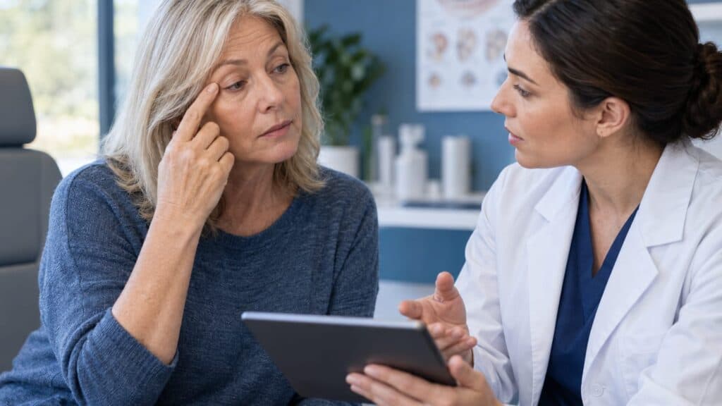 Eye doctor consulting with an older woman about eye health.