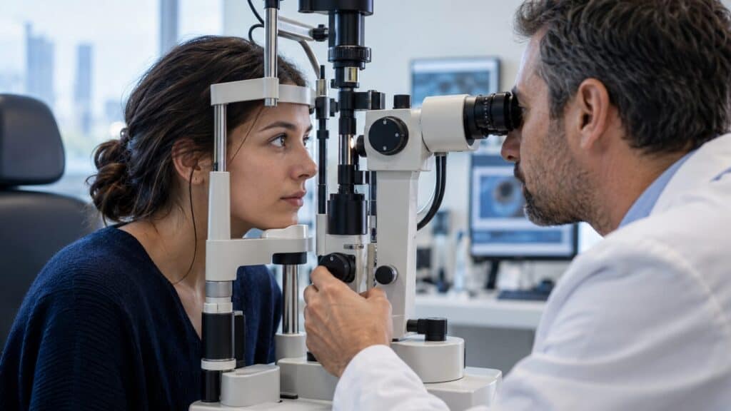 Ophthalmologist examining a patient's eye with slit lamp at Assil Gaur Eye Institute.