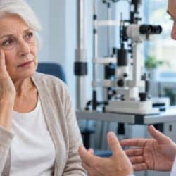 Senior woman during eye consultation at Assil Gaur Eye Institute.