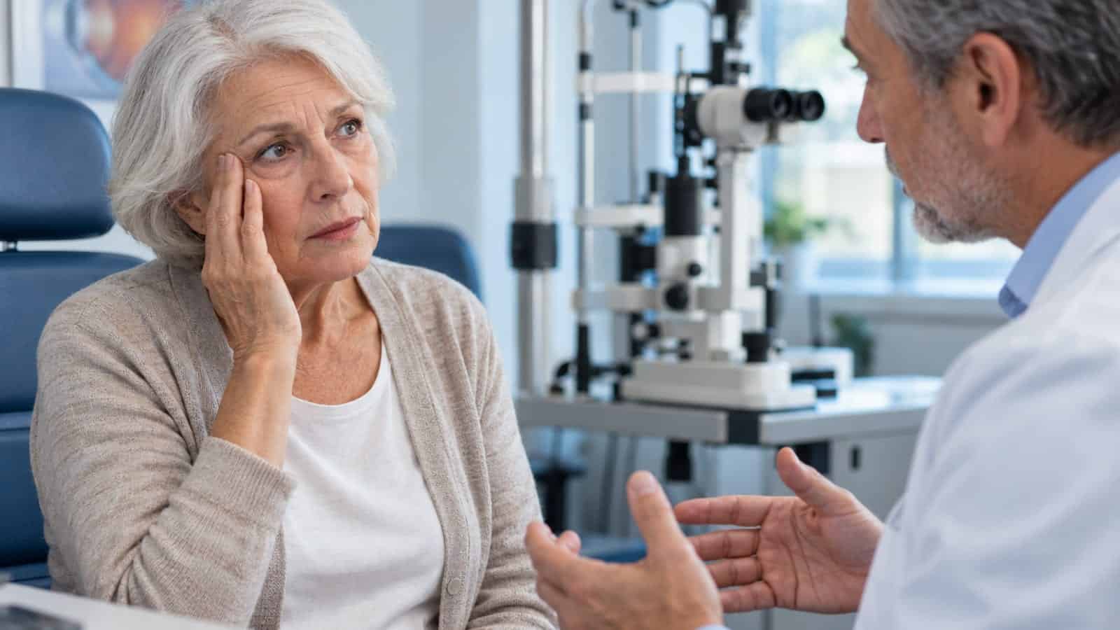 Senior woman during eye consultation at Assil Gaur Eye Institute.