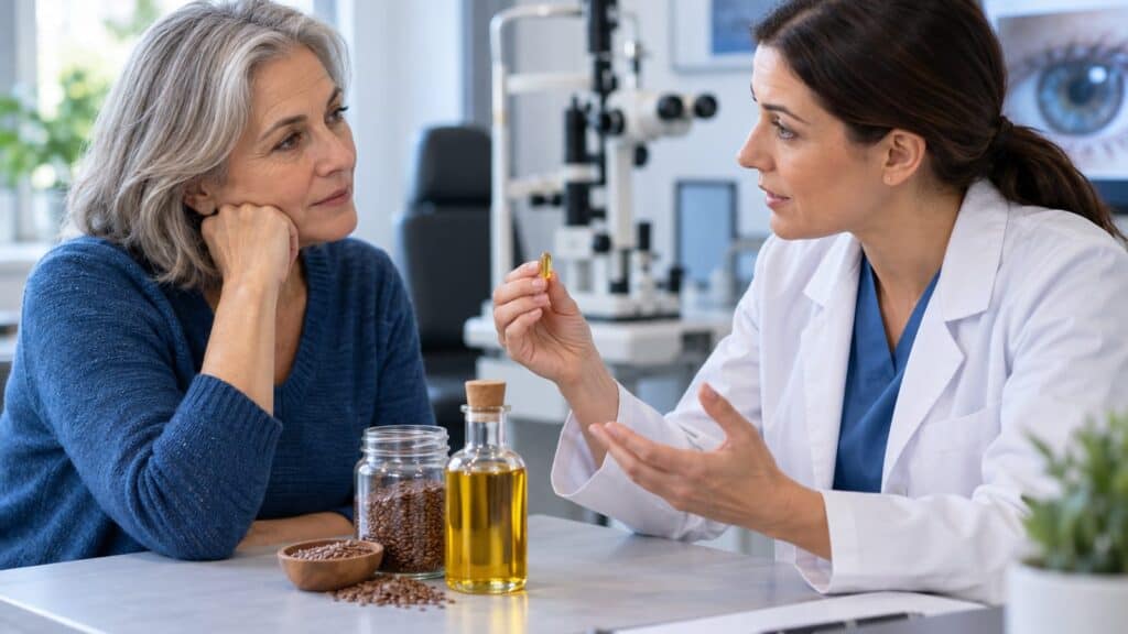 Optometrist discussing eye health with senior woman in clinic.