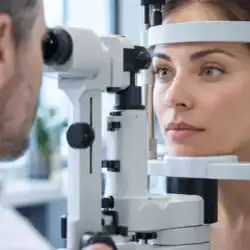 Optometrist performing eye exam at Assil Gaur Eye Institute.