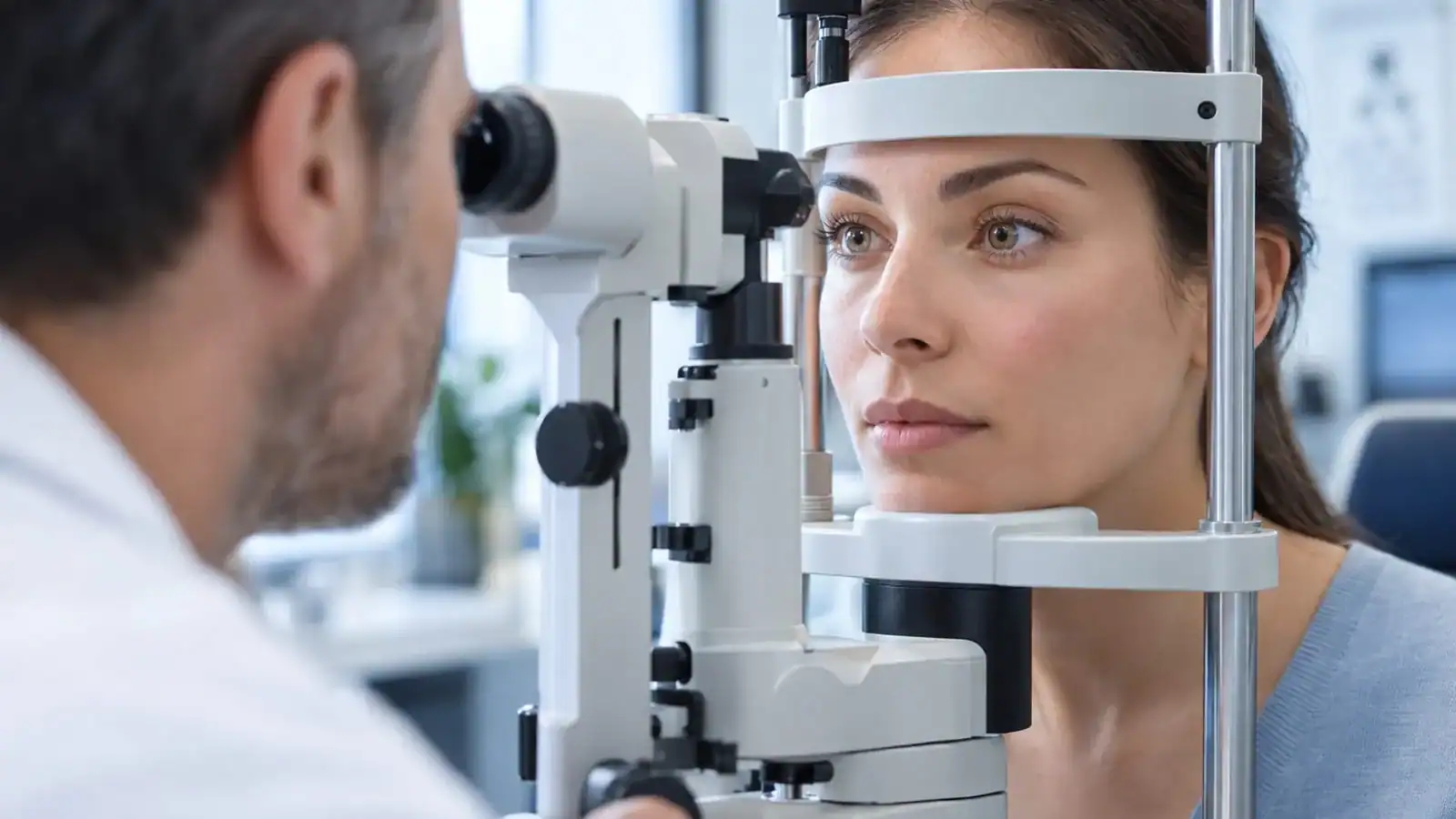 Optometrist performing eye exam at Assil Gaur Eye Institute.