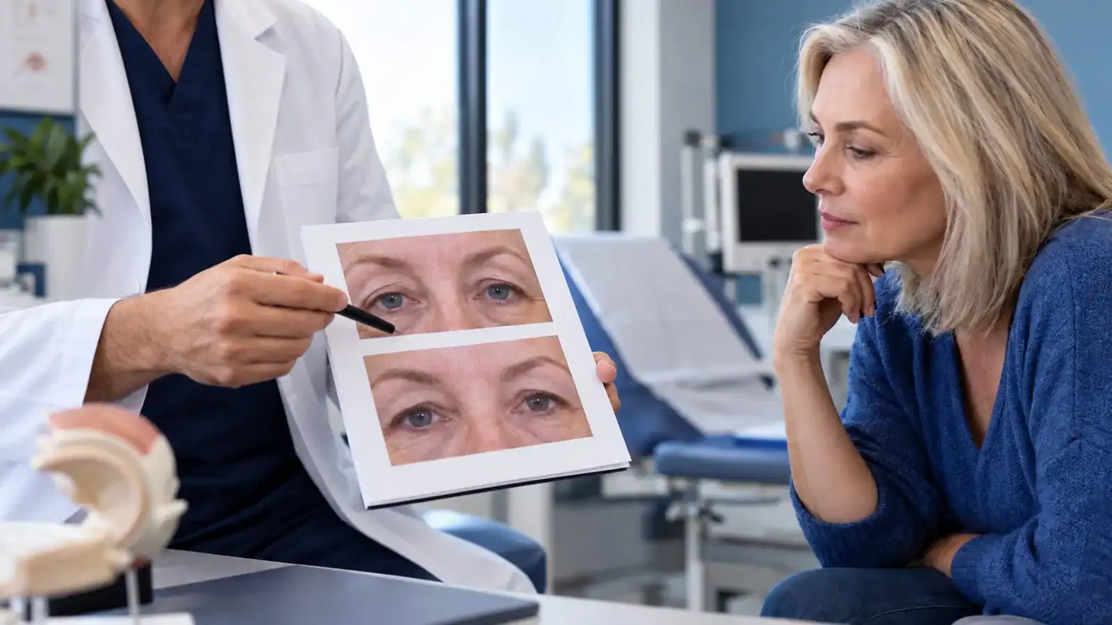 Ophthalmologist explaining eye images to a patient at Assil Gaur Eye Institute.