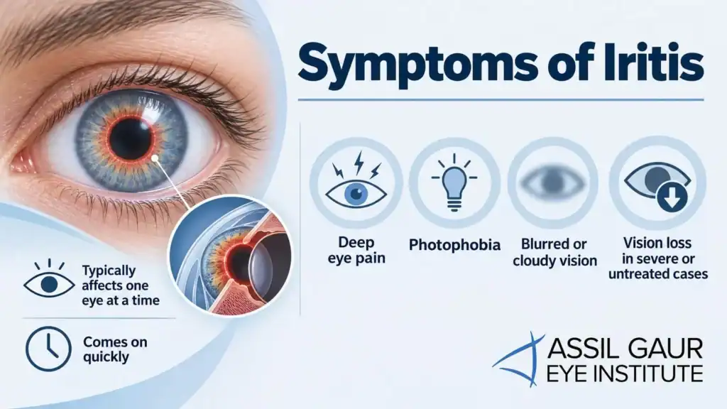 Close-up of an eye showing symptoms of iritis, including pain and blurred vision.