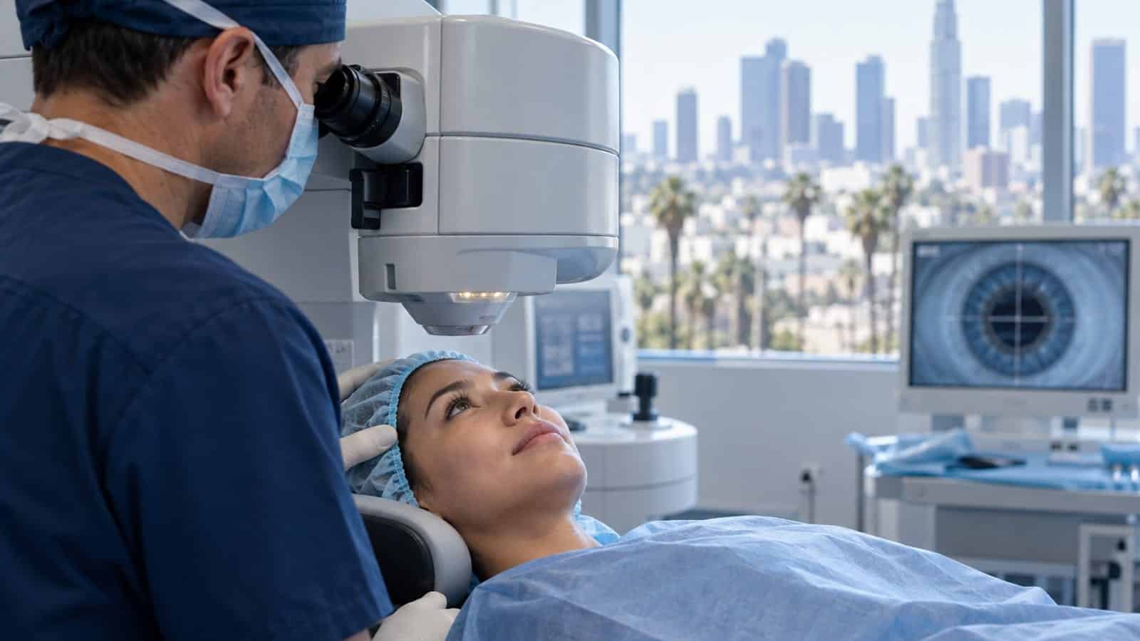 Ophthalmologist examining patient with advanced eye equipment in clinic.