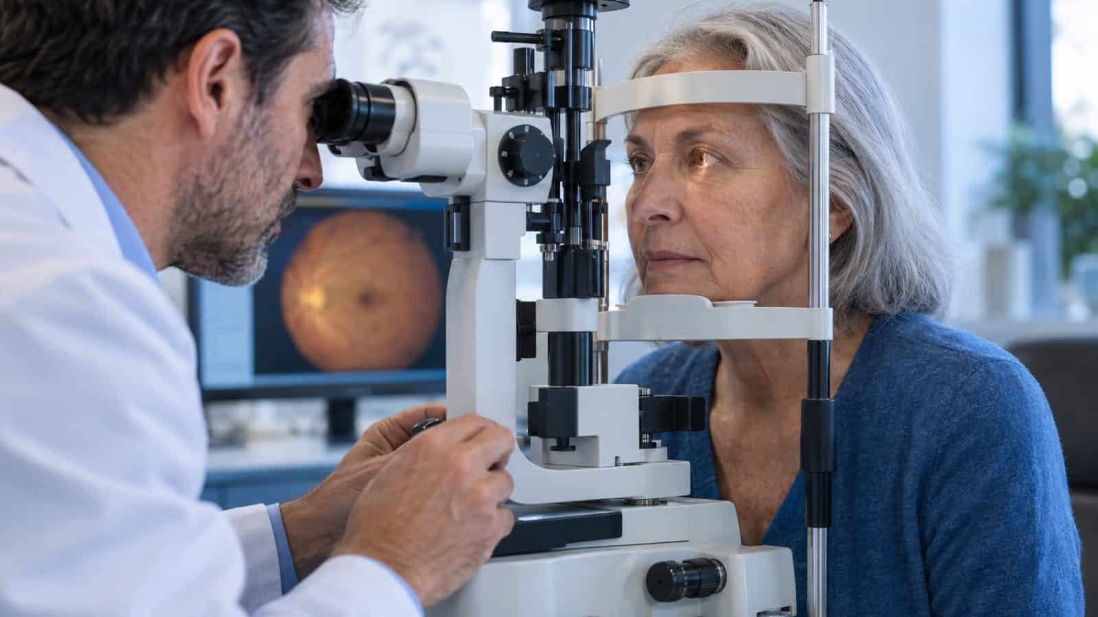 Optometrist examining elderly woman's eyes with slit lamp.