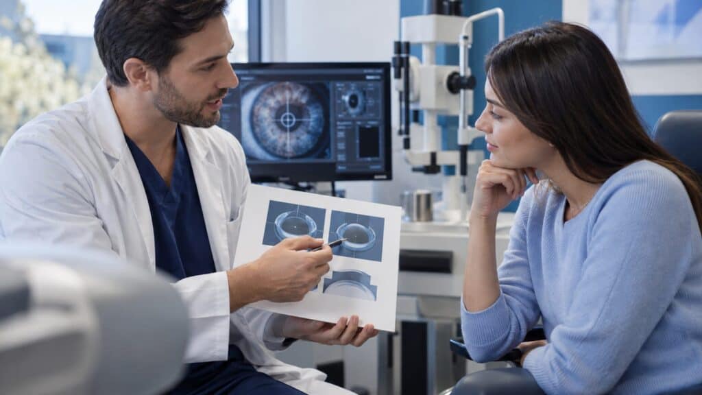 Eye doctor explaining eye scan results to patient in clinic.