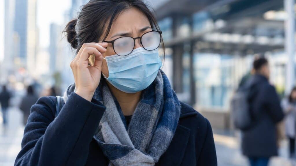 Woman with glasses and face mask adjusting her glasses outdoors.